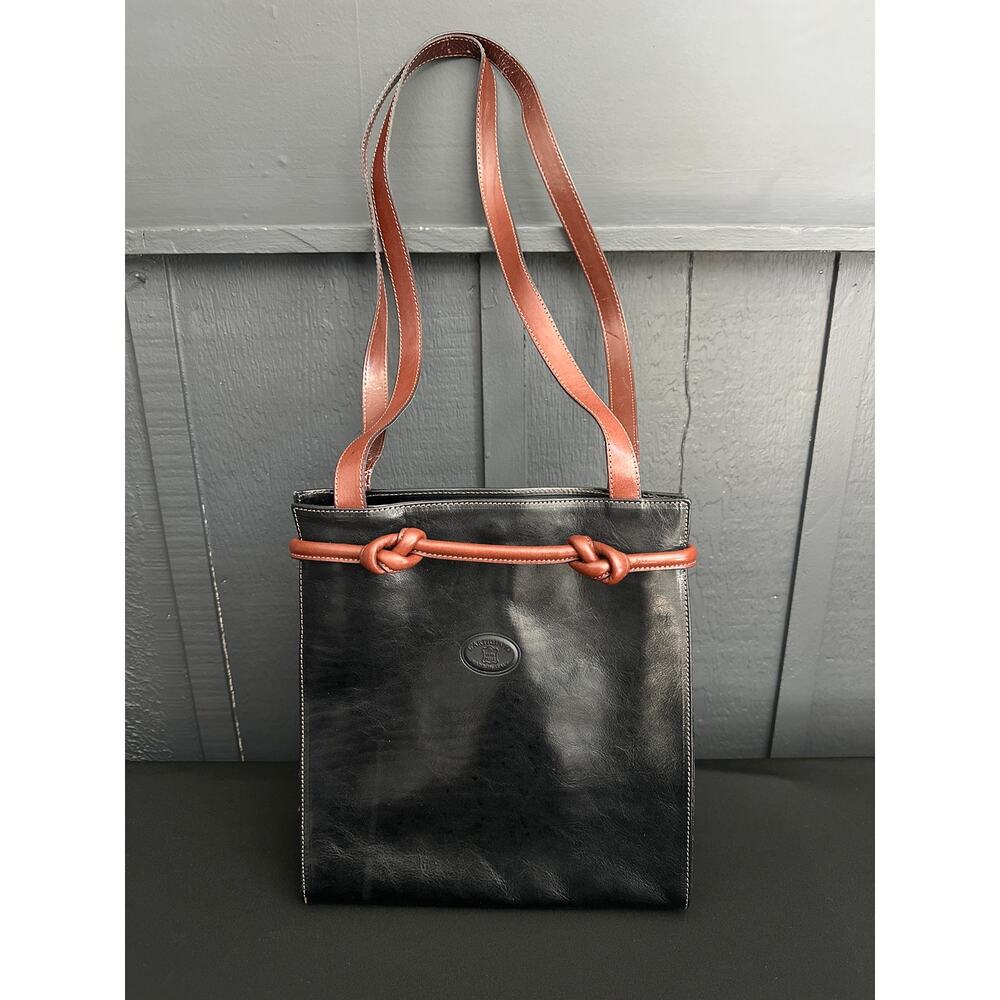 Lartigiano Made in Italy Black Leather Shoulder Bag with Brown Leather Accents